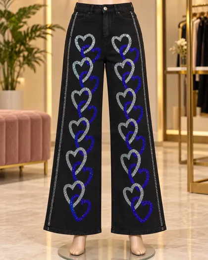 Black Blue Rhinestone Heart Jeans
