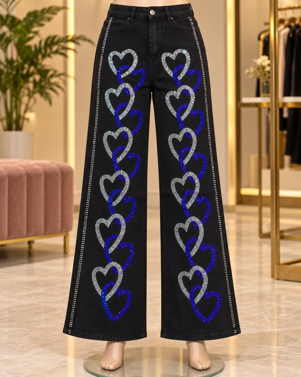Black Blue Rhinestone Heart Jeans