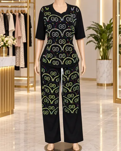 Black Multicolor Rhinestone Trouser Set