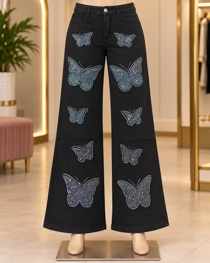 Black Rhinestone Butterfly Jeans