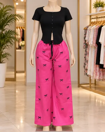 Black Top Pink Bow Trouser Outfit