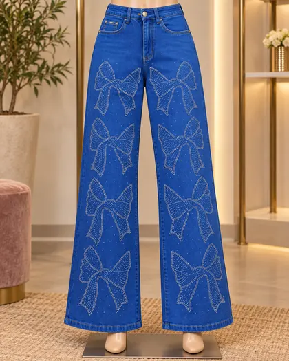 Blue Rhinestone Bow Jeans
