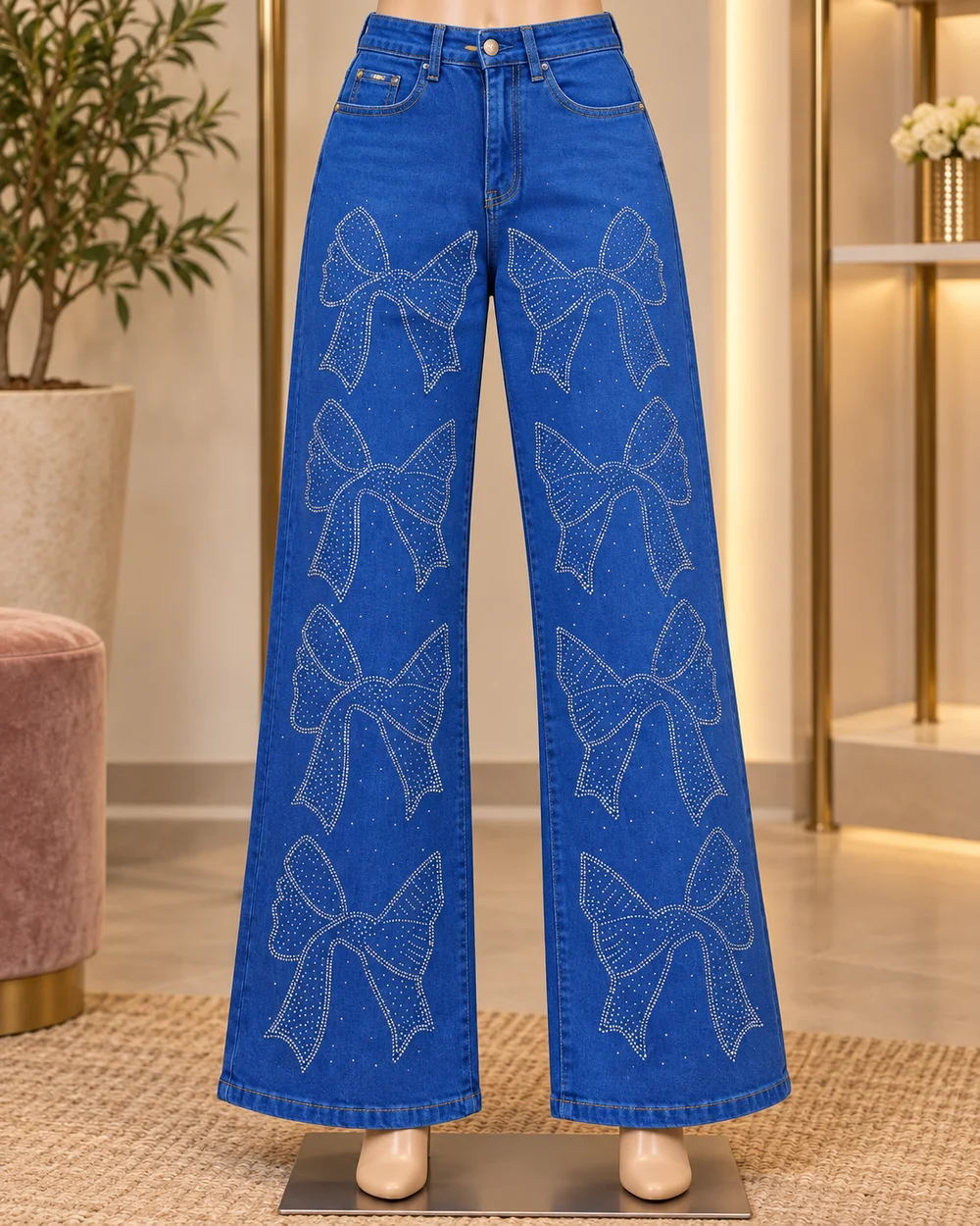 Blue Rhinestone Bow Jeans