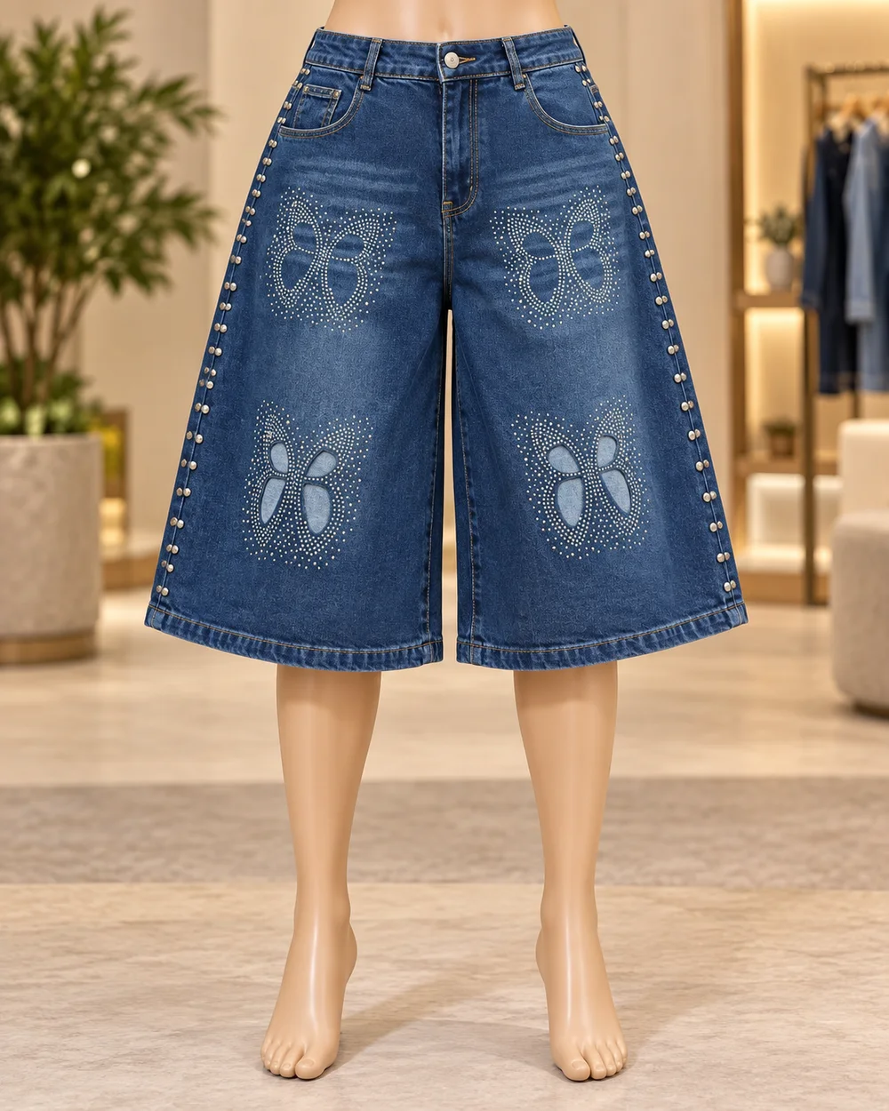 Blue Studded Butterfly Denim Culottes