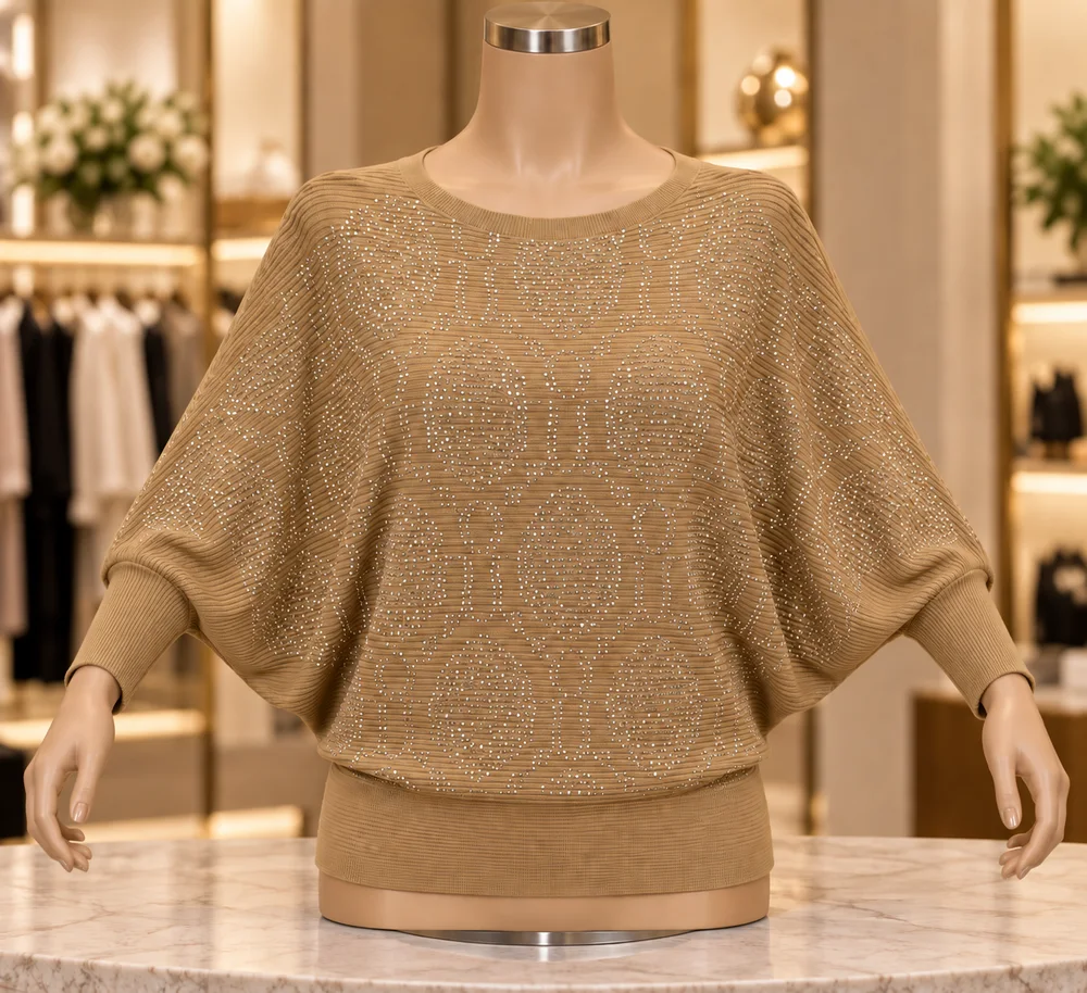 Camel Rhinestone Batwing Knit Top