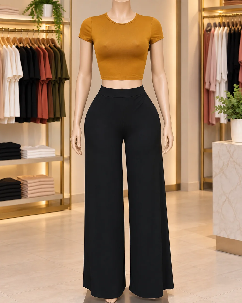 Mustard Crop Top Black Wide Leg Trouser