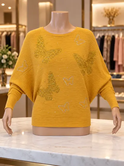 Mustard Rhinestone Butterfly Batwing Knit Top