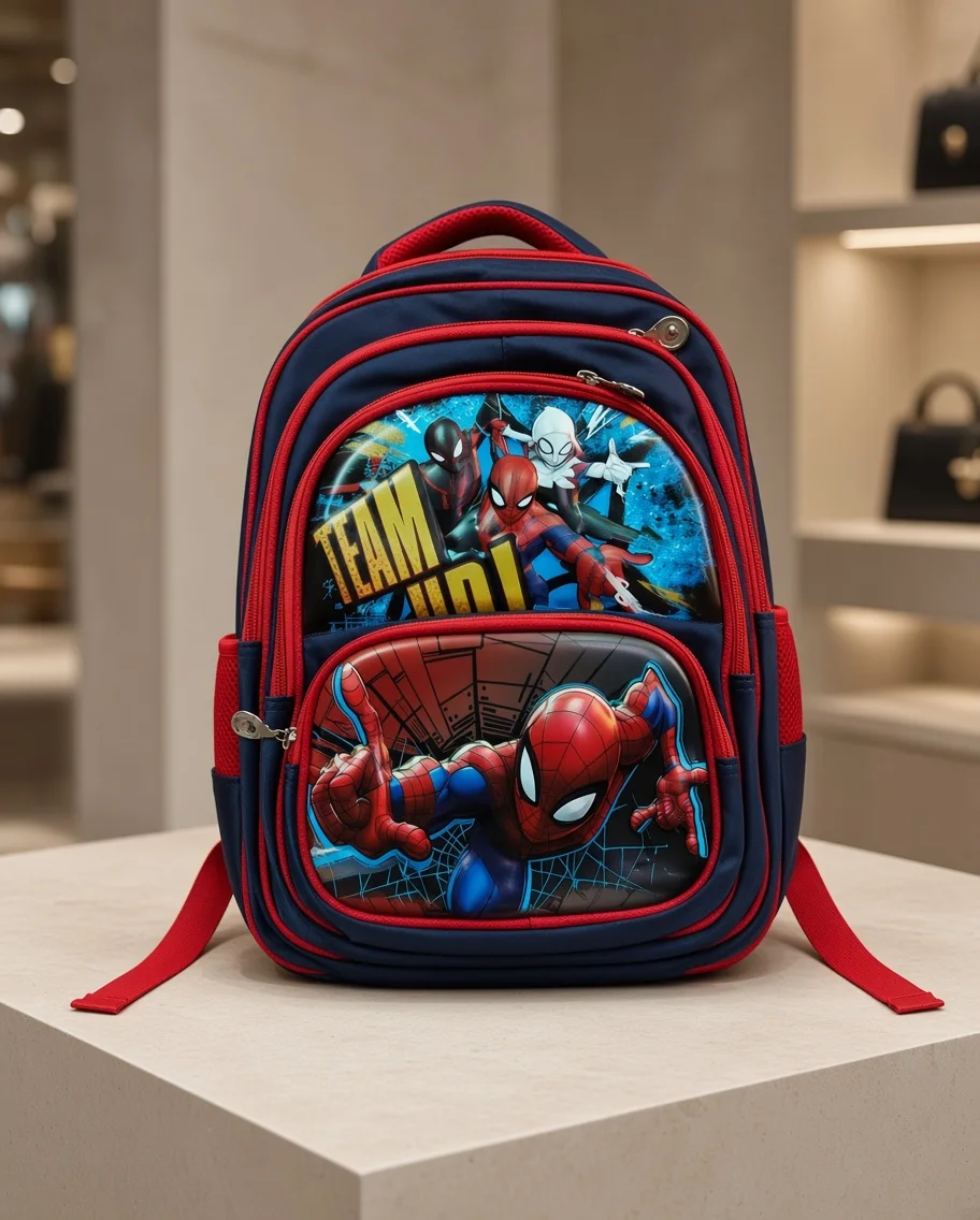 Navy and red children’s character backpack from the Evorau school bag collection