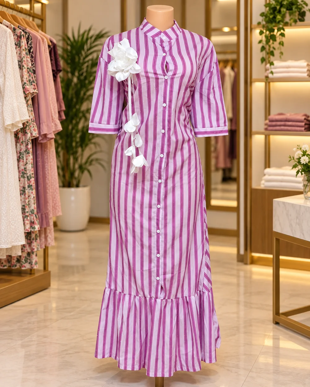 Pink Striped Flower Maxi Dress