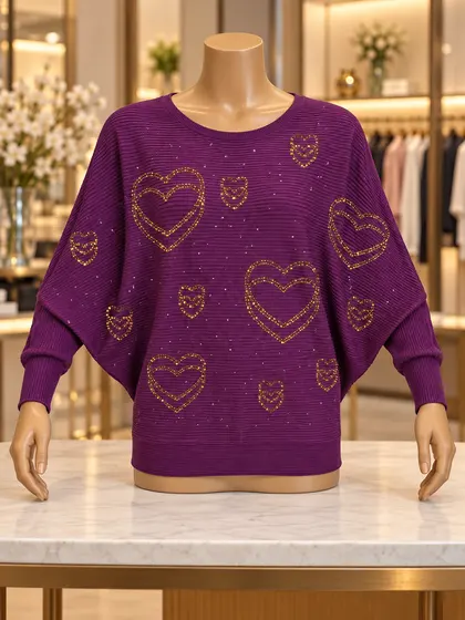 Purple Rhinestone Heart Batwing Knit Top