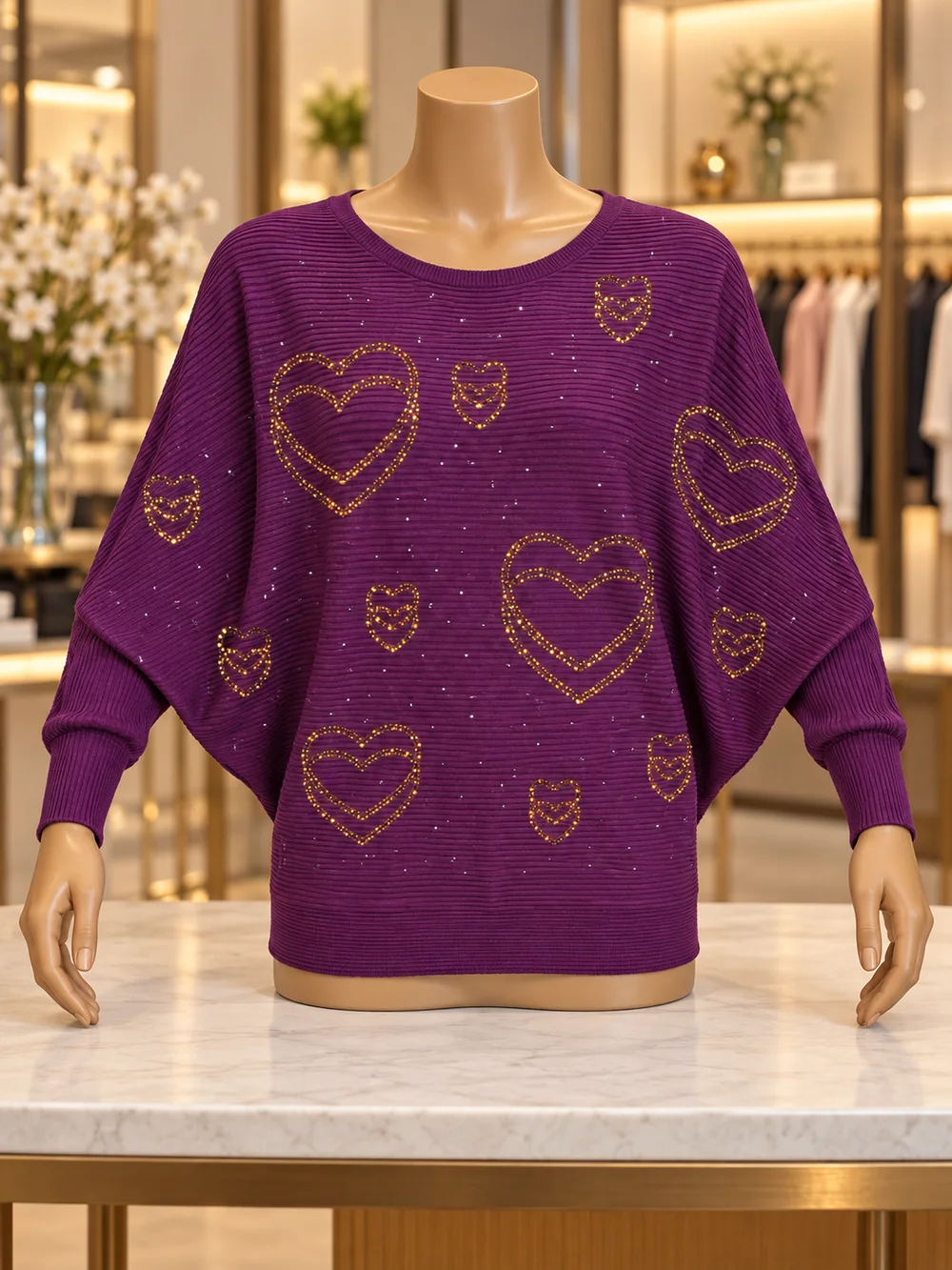Purple Rhinestone Heart Batwing Knit Top