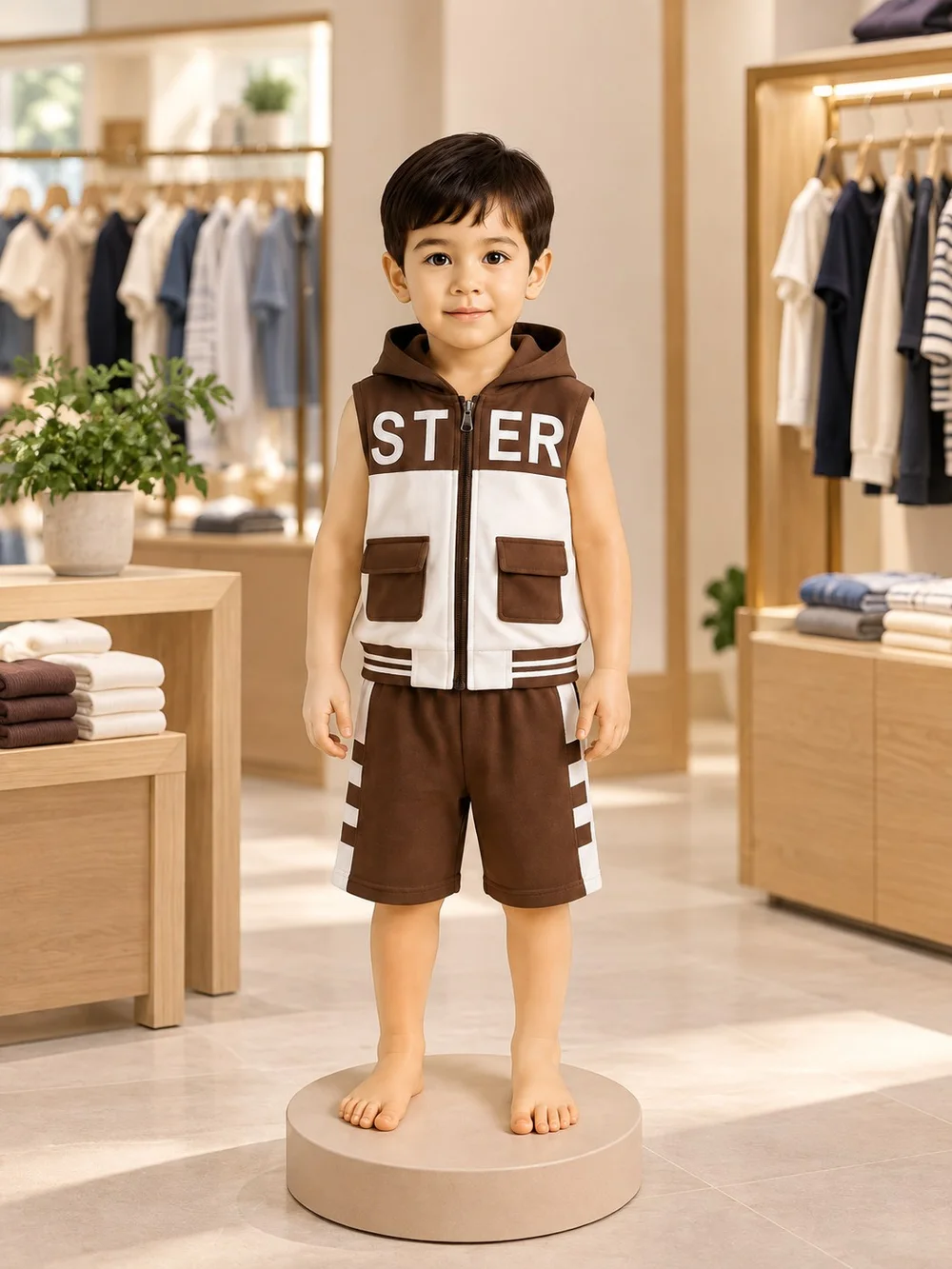 Boys White T-Shirt & Brown Shorts Set — 3pc (2 tops + 1 trouser), additional view