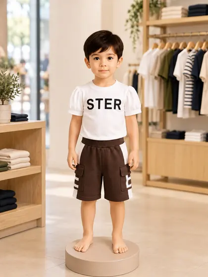 Boys White T-Shirt & Brown Shorts Set — 3pc (2 tops + 1 trouser)