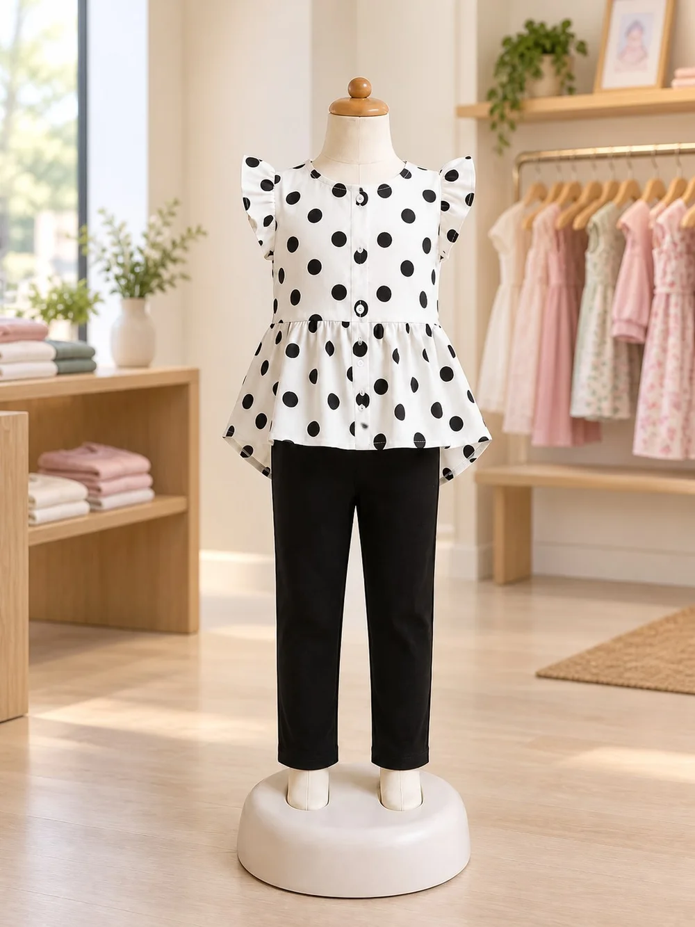 Girls Polka Dot Peplum Top & Trousers Set