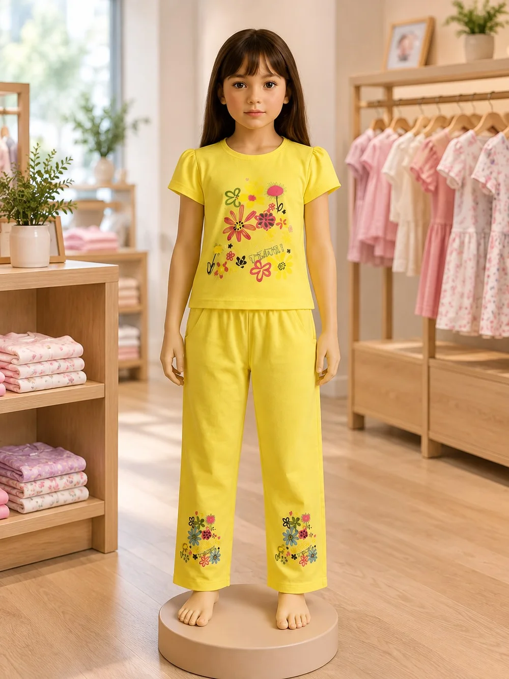 Girls Yellow Floral T-Shirt & Trousers Set