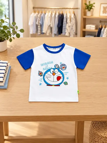 Kids White & Blue Cartoon Print T-Shirt