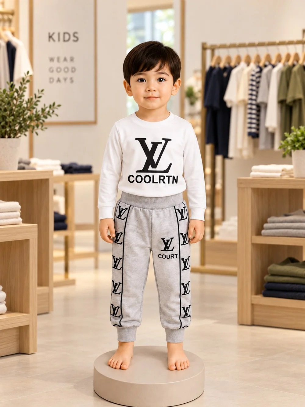 Kids White Top & Grey Jogger Set — 3pc (2 tops + 1 trouser)