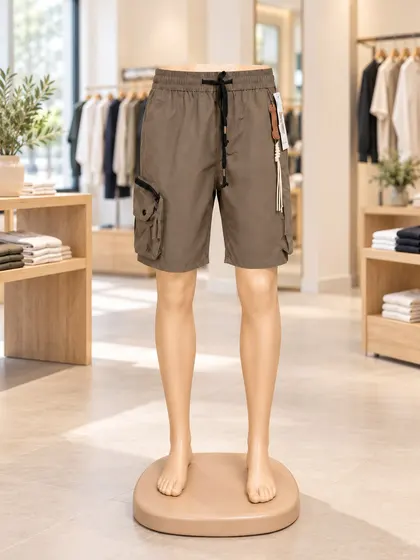 Taupe utility cargo shorts displayed on a mannequin