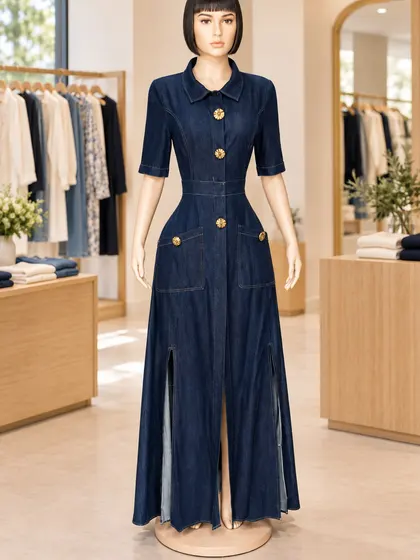 Dark indigo button-front denim maxi dress displayed on a mannequin